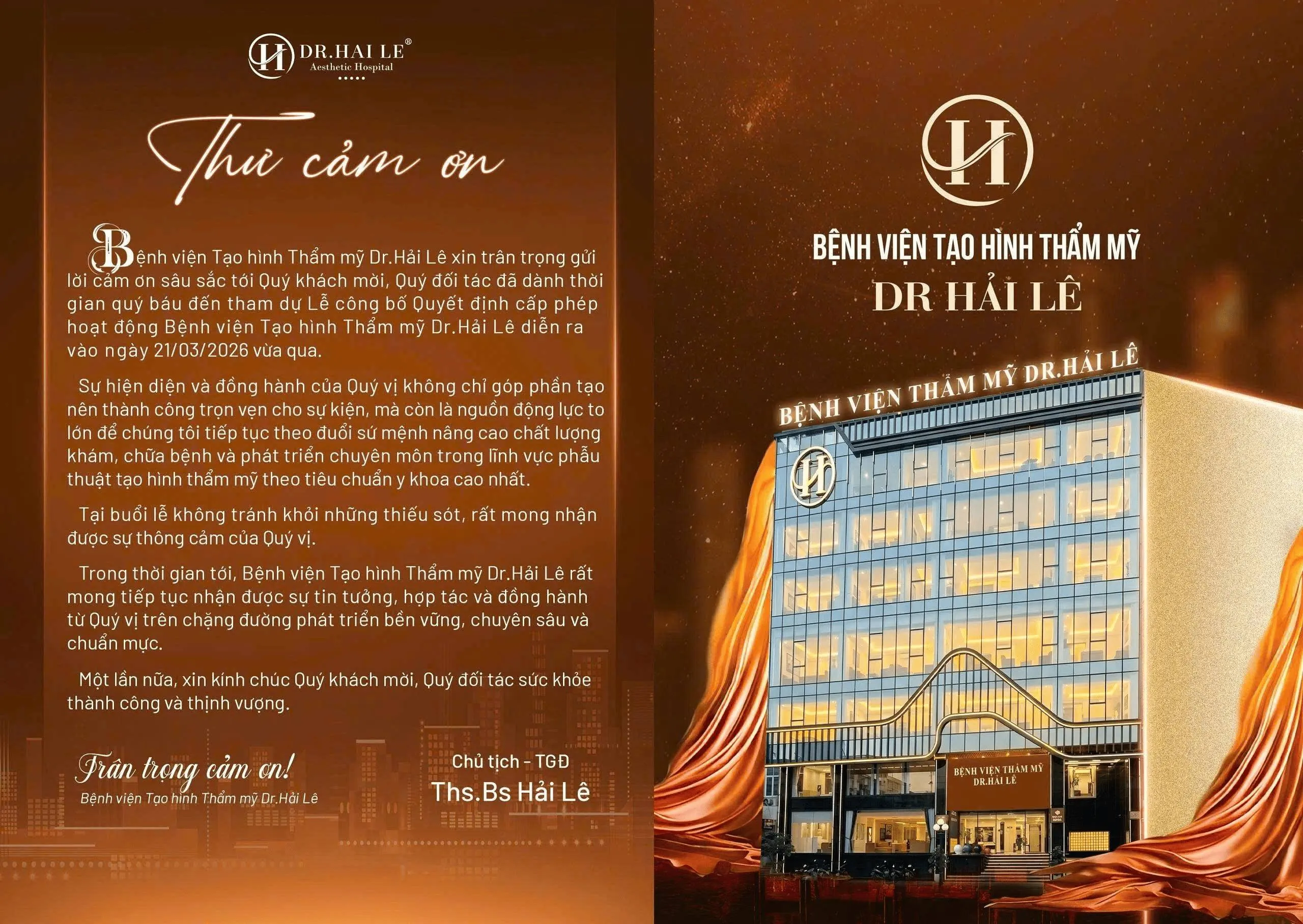 Thư cảm ơn của  Bệnh viện Tạo hình Thẩm mỹ Dr Hải Lê